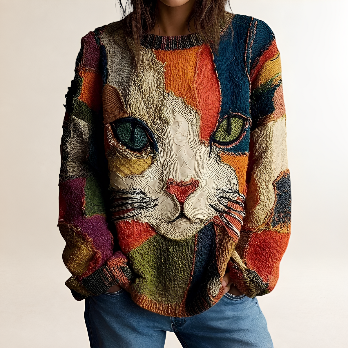 Oversized Sweater for Women - Artistic Cat Motif with Colorful Pattern