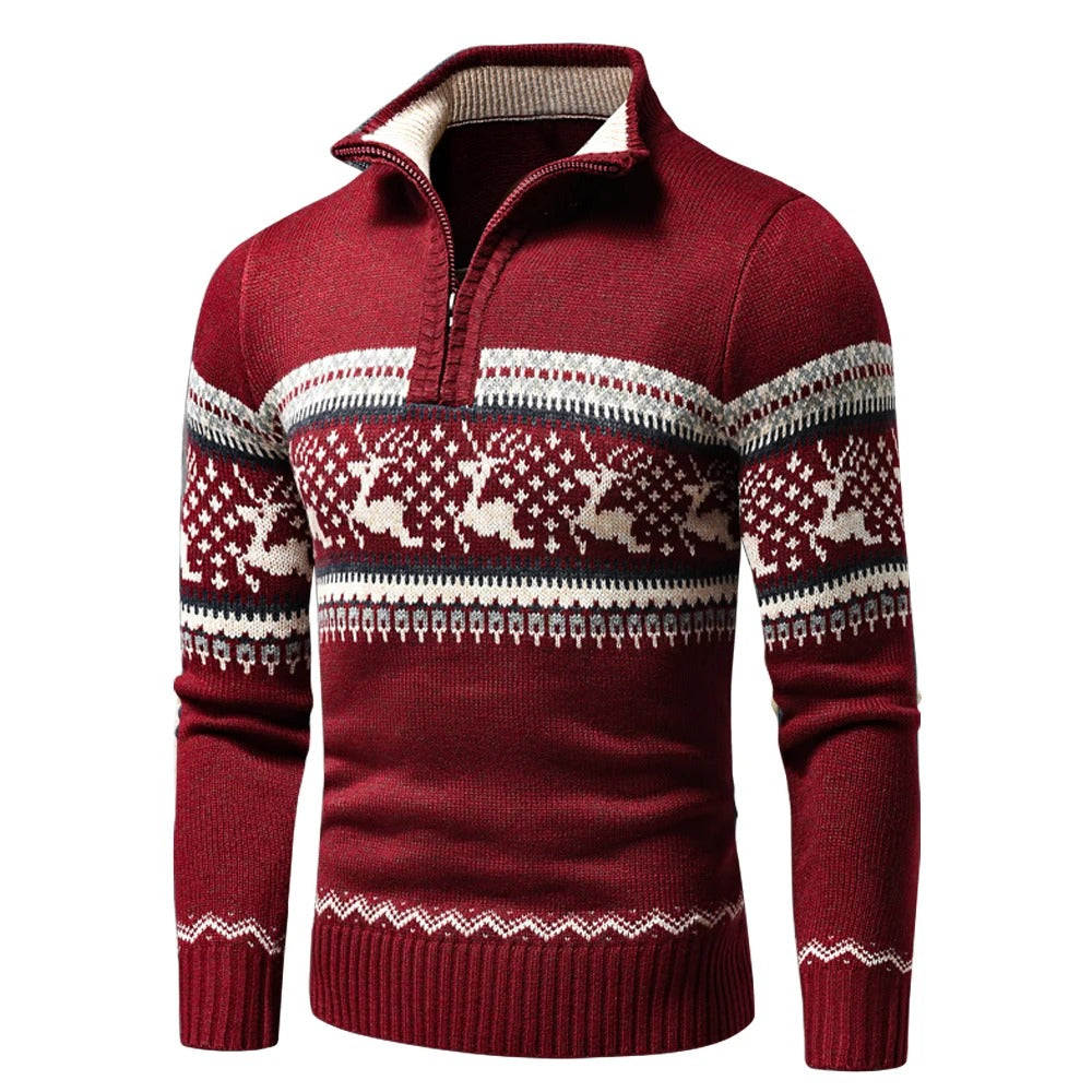 Men's High Collar Sweater with Zip Norwegian Pattern Regular Fit