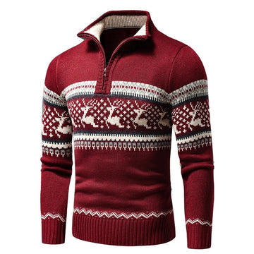 Men's High Collar Sweater with Zip Norwegian Pattern Regular Fit