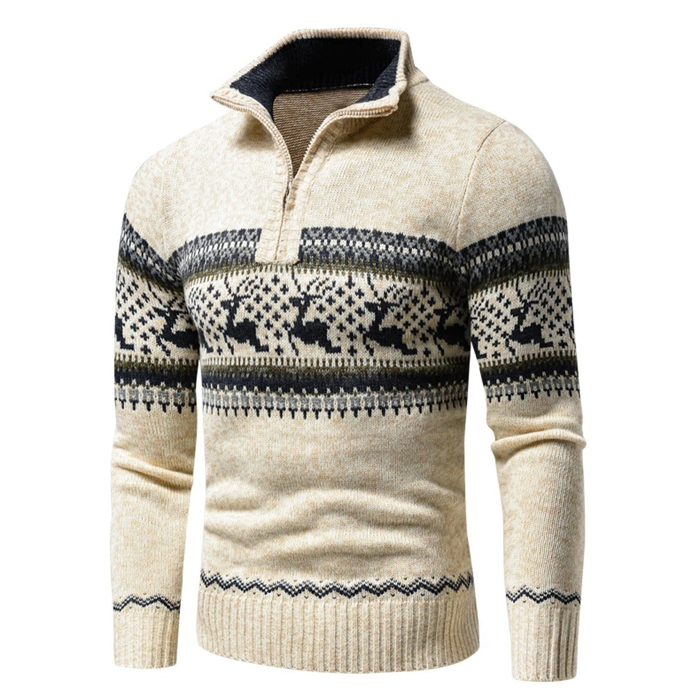 Men's High Collar Sweater with Zip Norwegian Pattern Regular Fit