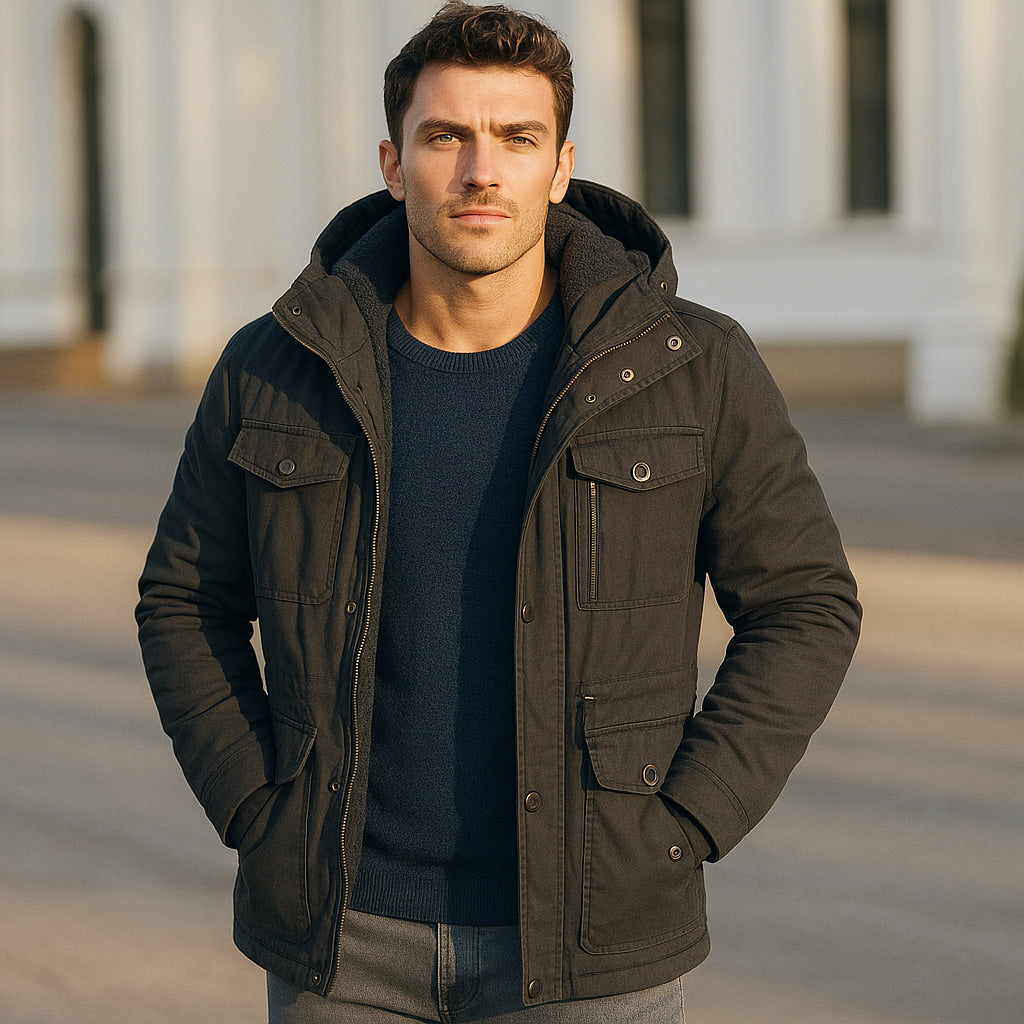 Men's Winter Jacket with Hood Quilted Design Multiple Pockets Regular Fit