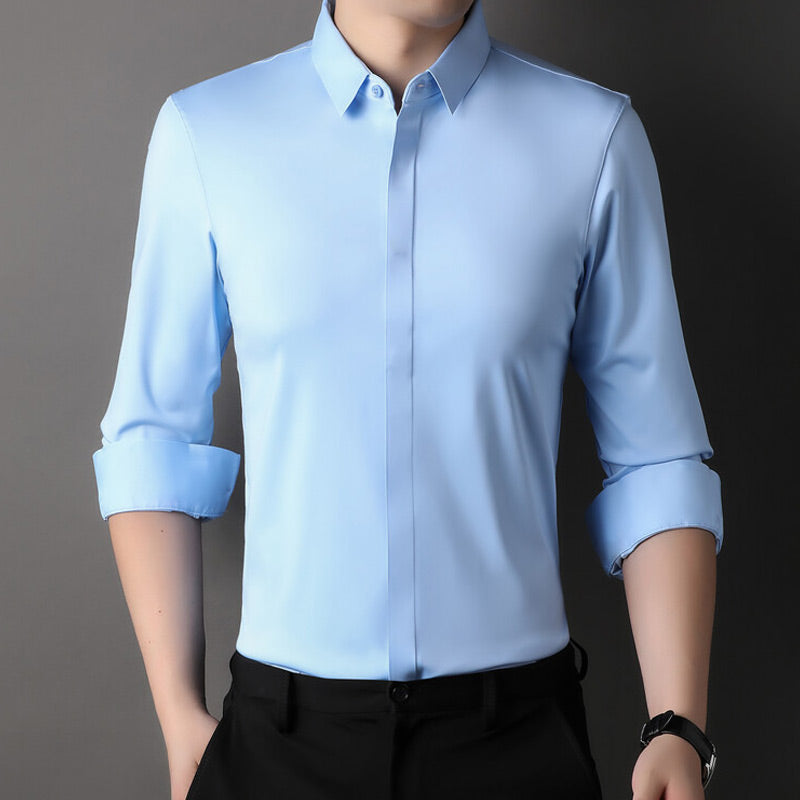 Men's long-sleeve shirt with modern fit, buttons, and rolled cuffs