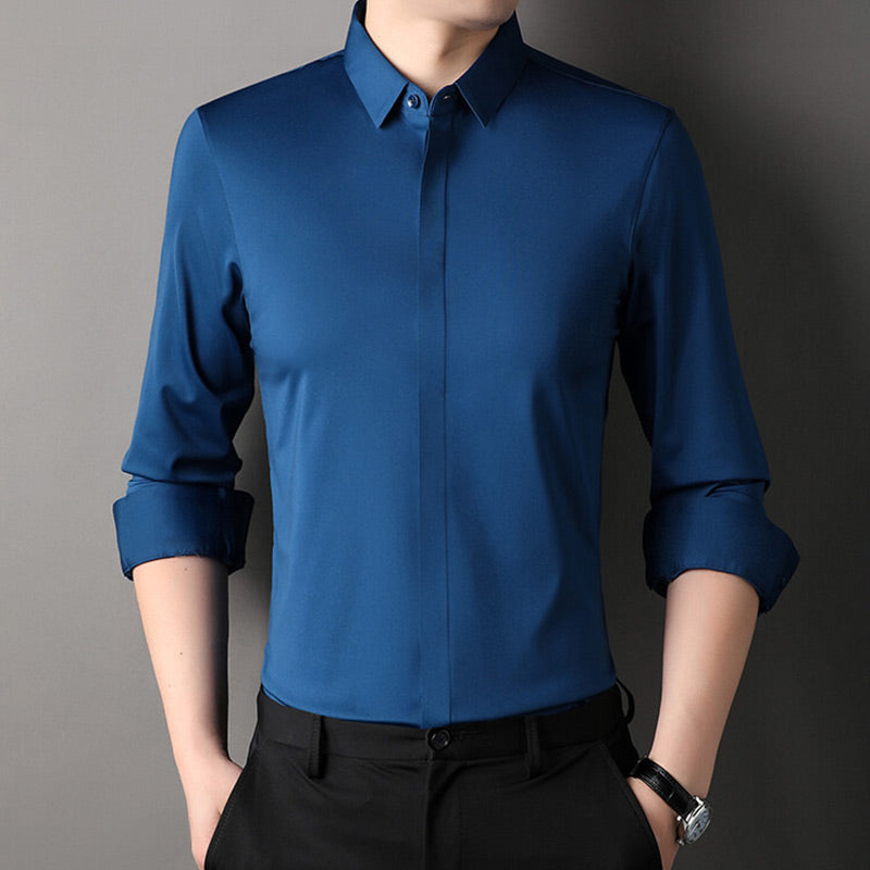 Men's long-sleeve shirt with modern fit, buttons, and rolled cuffs