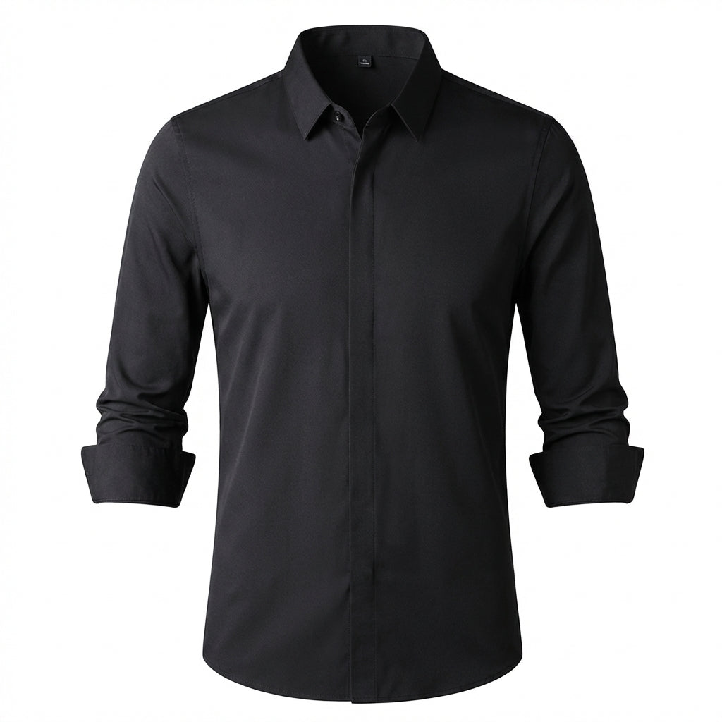 Men's long-sleeve shirt with modern fit, buttons, and rolled cuffs