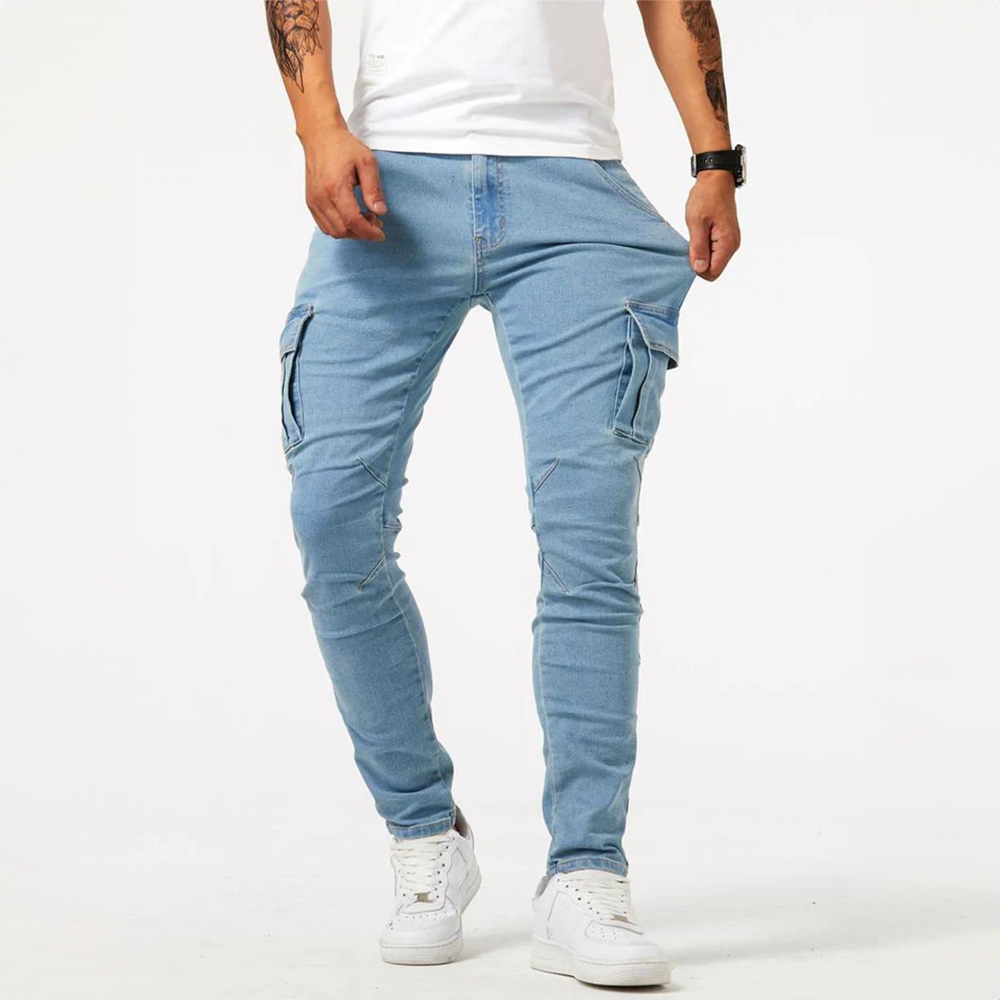Men's slim fit stretch cargo jeans with side pockets
