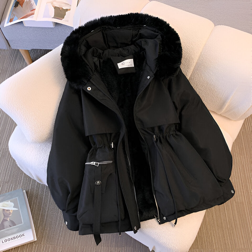 Women's winter jacket with hood, tailored fit, zippered pockets, and elegant silhouette