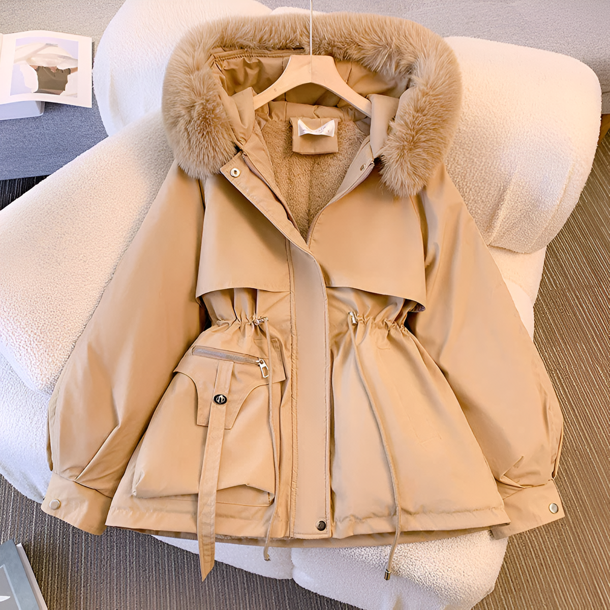 Women's winter jacket with hood, tailored fit, zippered pockets, and elegant silhouette