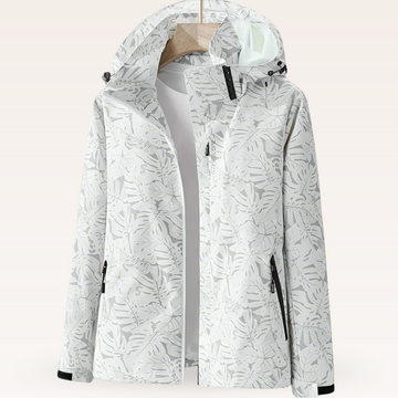 Lightweight waterproof jacket for women with adjustable hood and leaf pattern