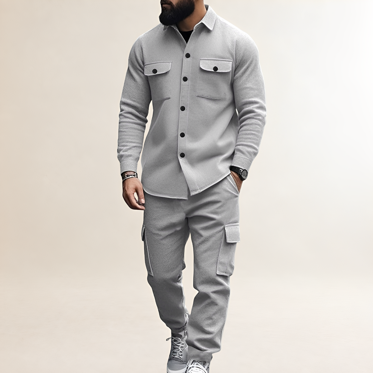 Cargo Set for Men - Button Closure Top with Chest Pockets and Elastic Waist Pants