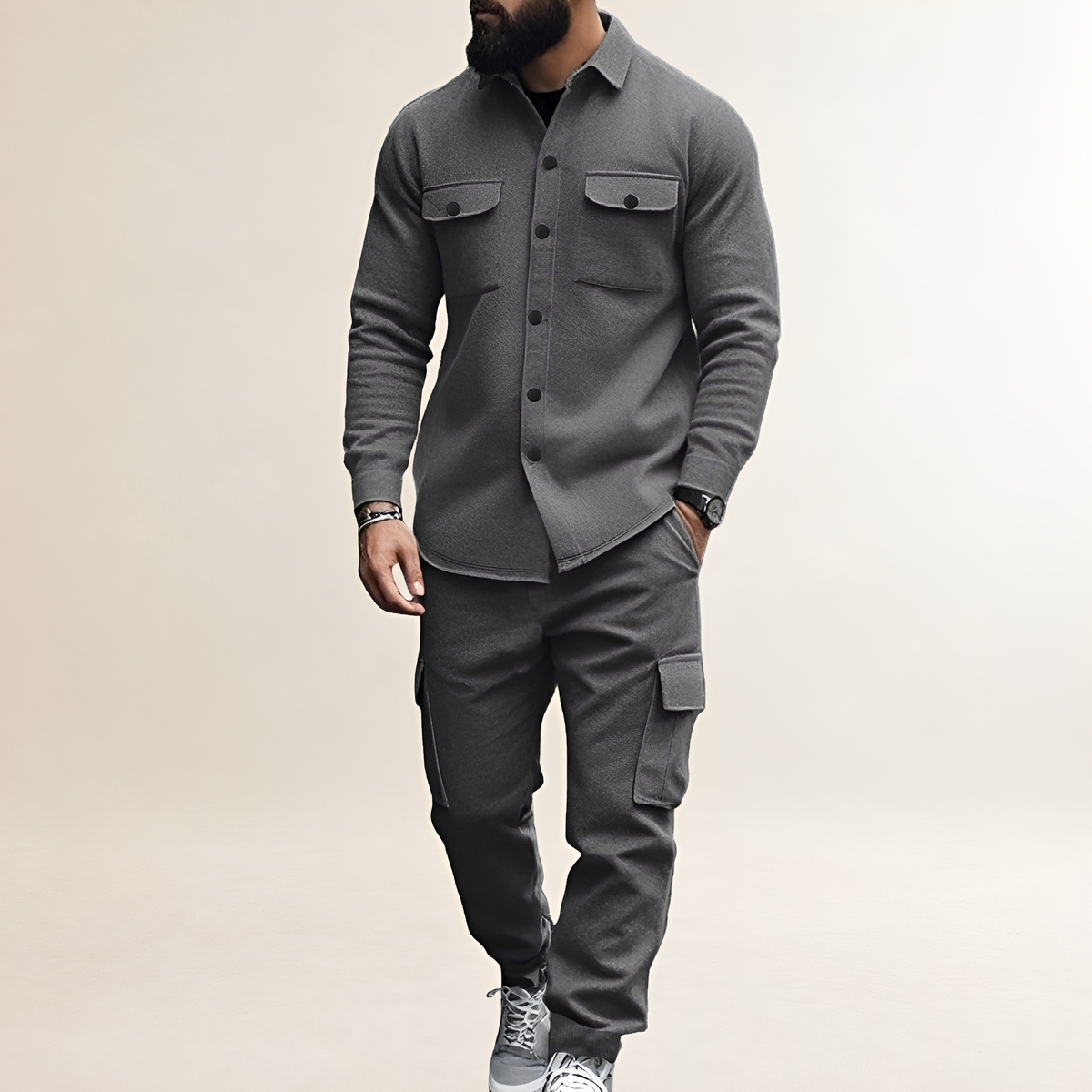 Cargo Set for Men - Button Closure Top with Chest Pockets and Elastic Waist Pants
