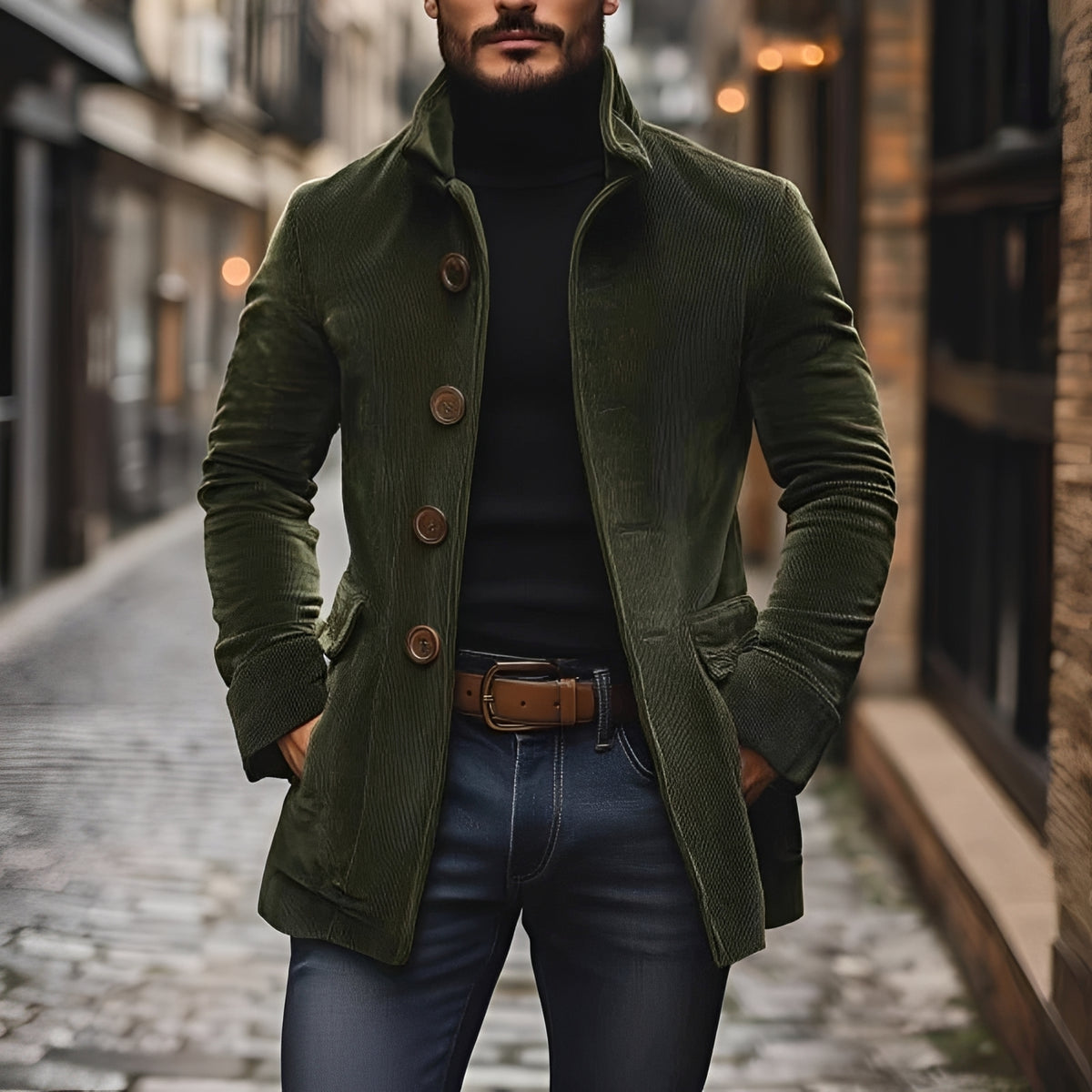 Fashion Jacket Peacoat Men Stand Collar with Button Closure - Slim Fit