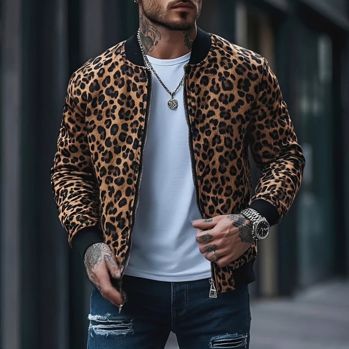 Men's Bomber Jacket Leopard Print Regular Fit Zip Closure