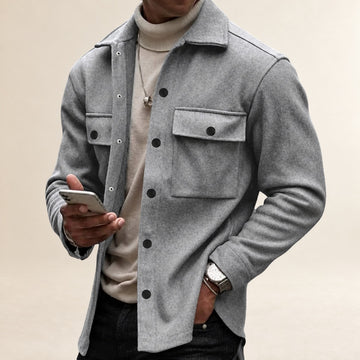 Men's Button-Up Jacket with Pockets - Casual Fit Long Sleeve Outerwear