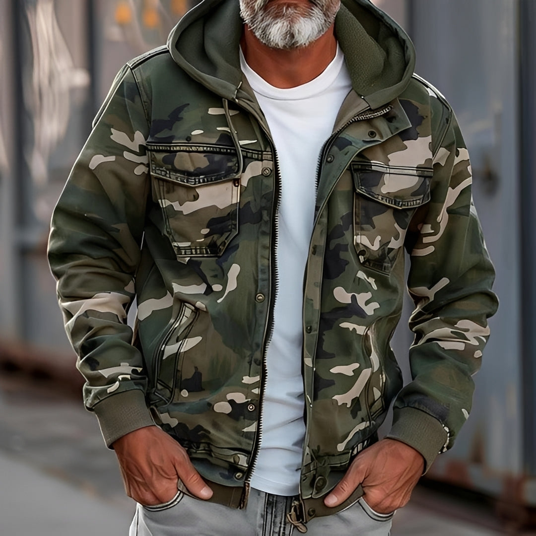 Men's Camouflage Jacket with Hood and Chest Pockets - Casual Fit