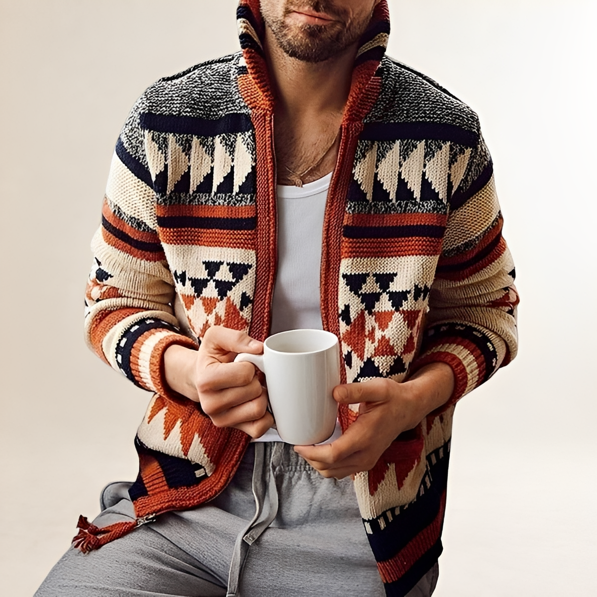 Men's Geometric Zip Cardigan Sweater Jacket with Pockets