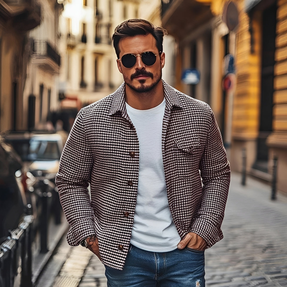 Men's Houndstooth Shirt Jacket with Button Closure - Relaxed Fit