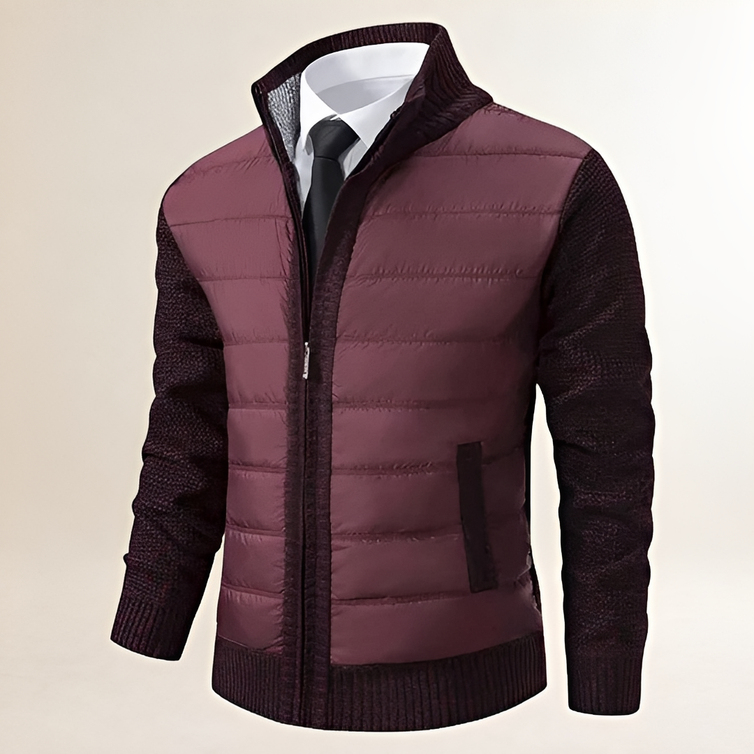 Men's Jacket Padded Zip-Up with High Collar and Contrast Sleeves