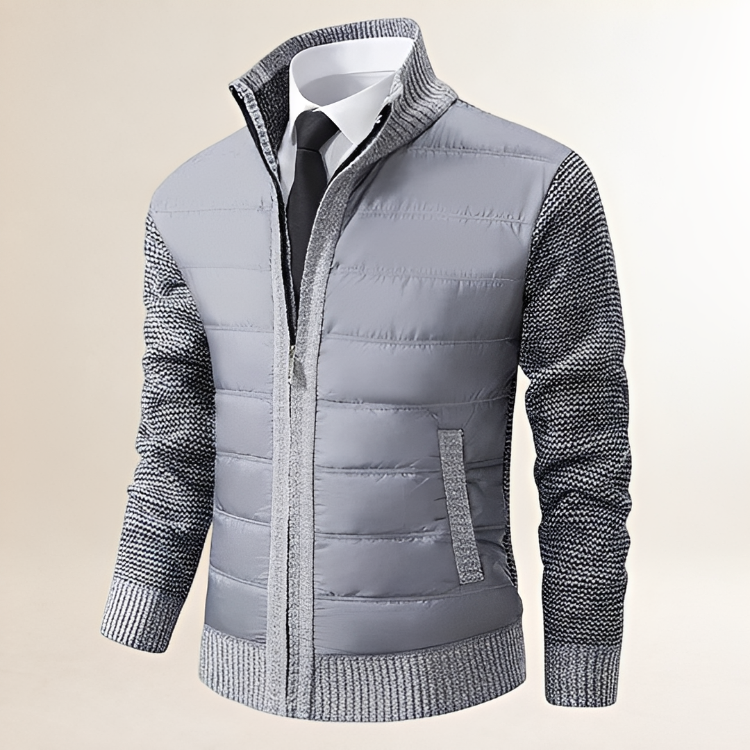 Men's Jacket Padded Zip-Up with High Collar and Contrast Sleeves