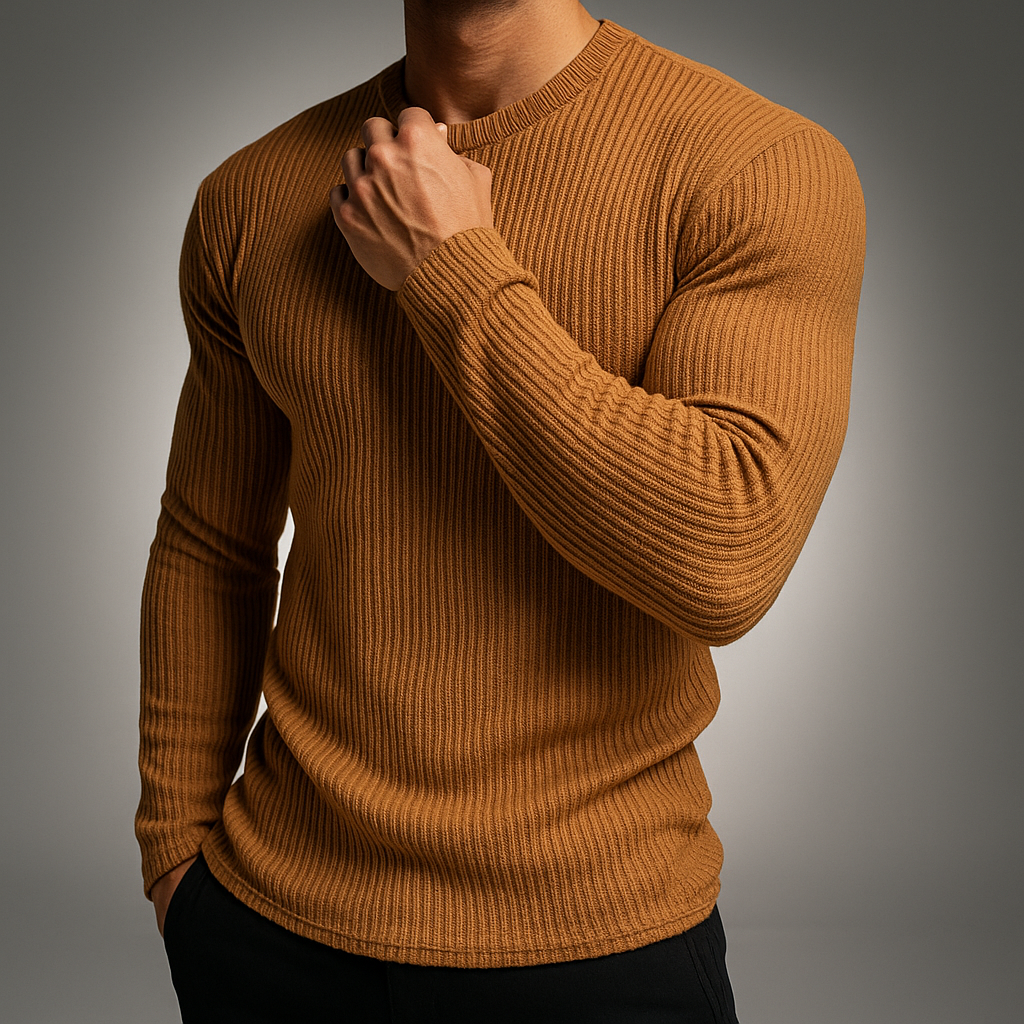 Men's Long Sleeve Sweater Textured Design - Crew Neck, Fitted Cut