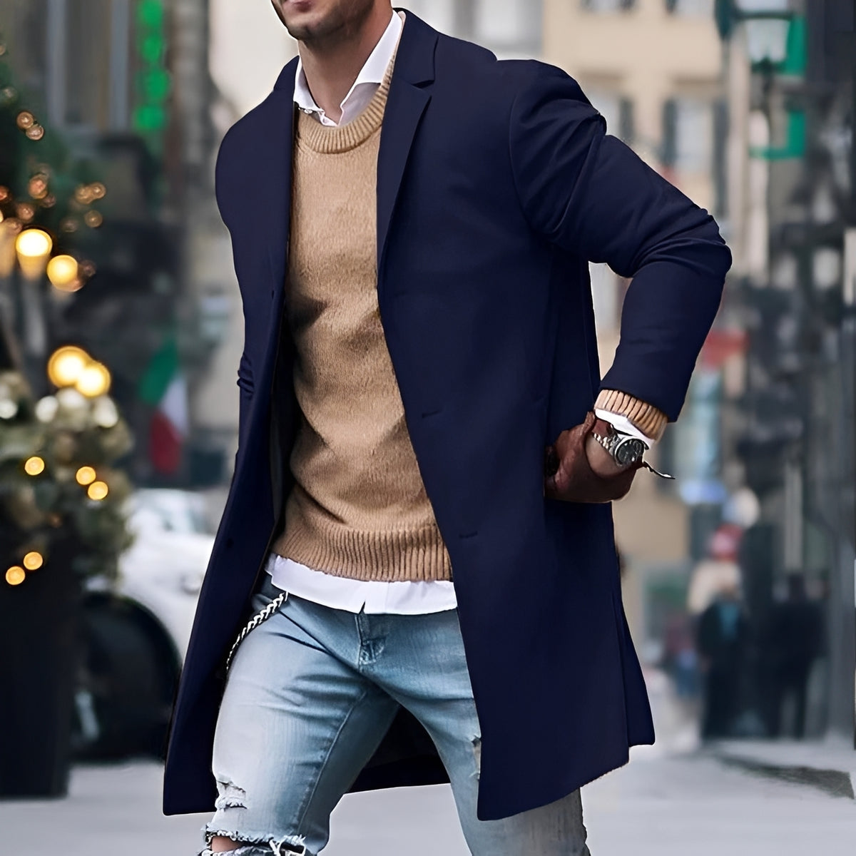Men's Mid-Length Single Breasted Coat with Notch Lapel - Fitted Silhouette