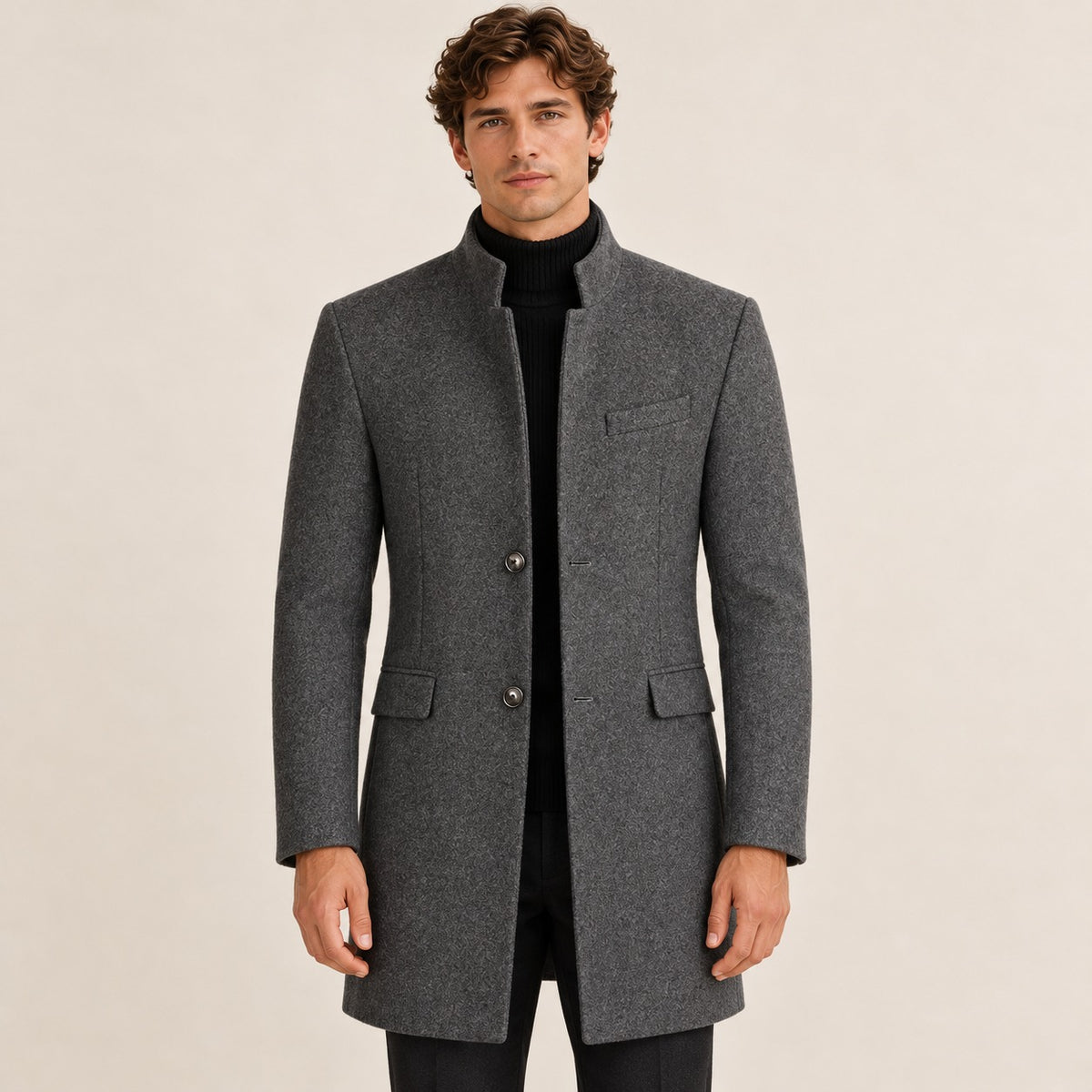 Men's Overcoat with Stand Collar and Button Closure - Tailored Fit