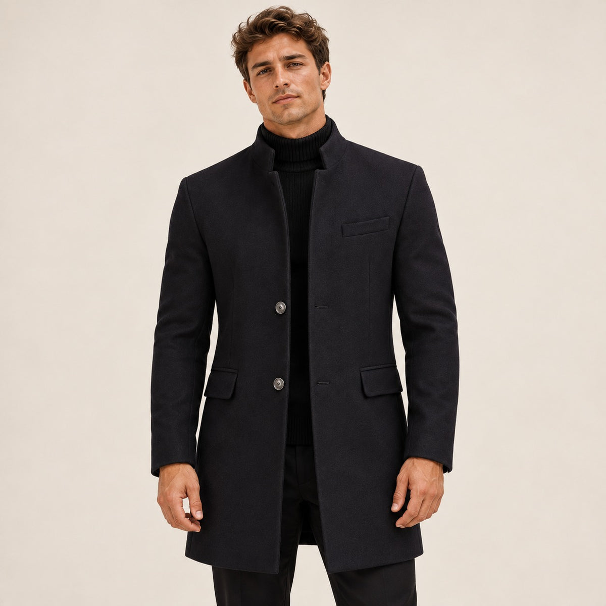 Men's Overcoat with Stand Collar and Button Closure - Tailored Fit