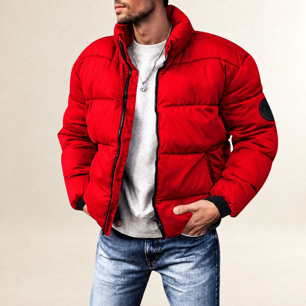 Men's Puffer Jacket - Modern Quilted Design with Stand Collar and Comfortable Fit