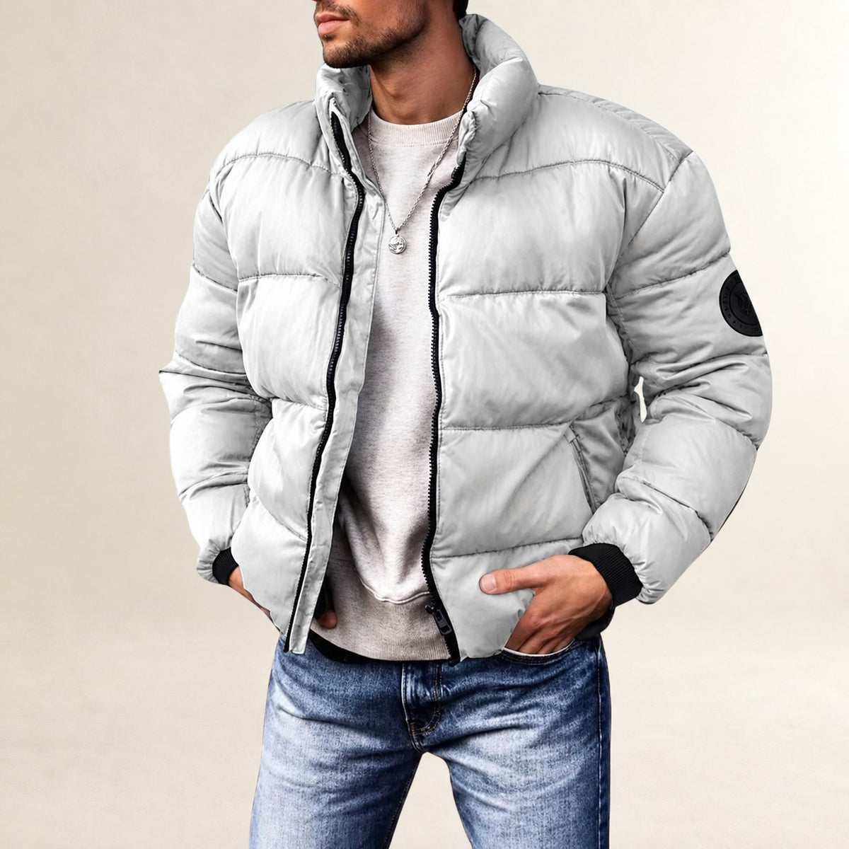 Men's Puffer Jacket - Modern Quilted Design with Stand Collar and Comfortable Fit
