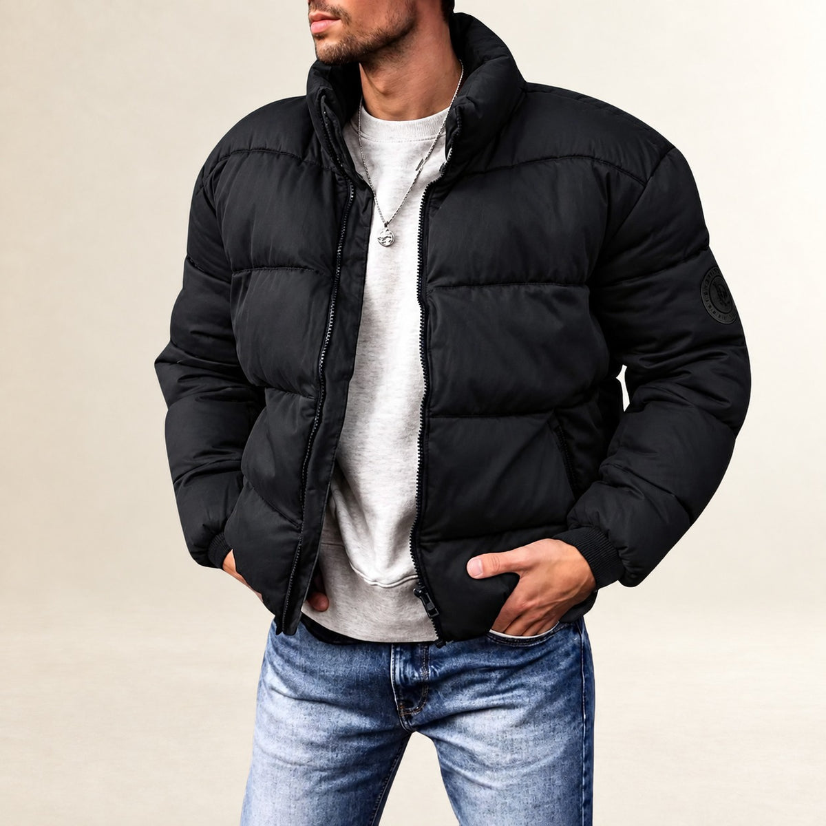Men's Puffer Jacket - Modern Quilted Design with Stand Collar and Comfortable Fit