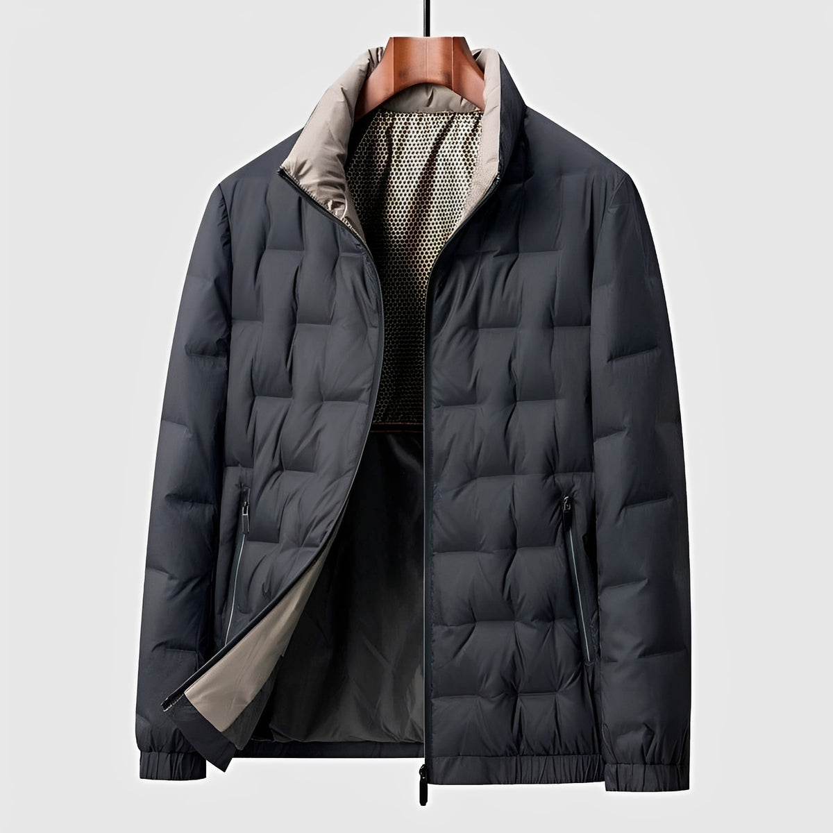 Men's Quilted Jacket - Stand Collar, Zip Closure, Lightweight Design