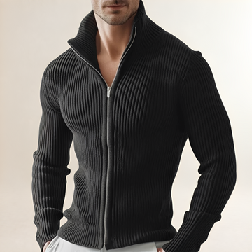 Men's Ribbed Zipper Sweater Cardigan - Slim Fit, High Collar
