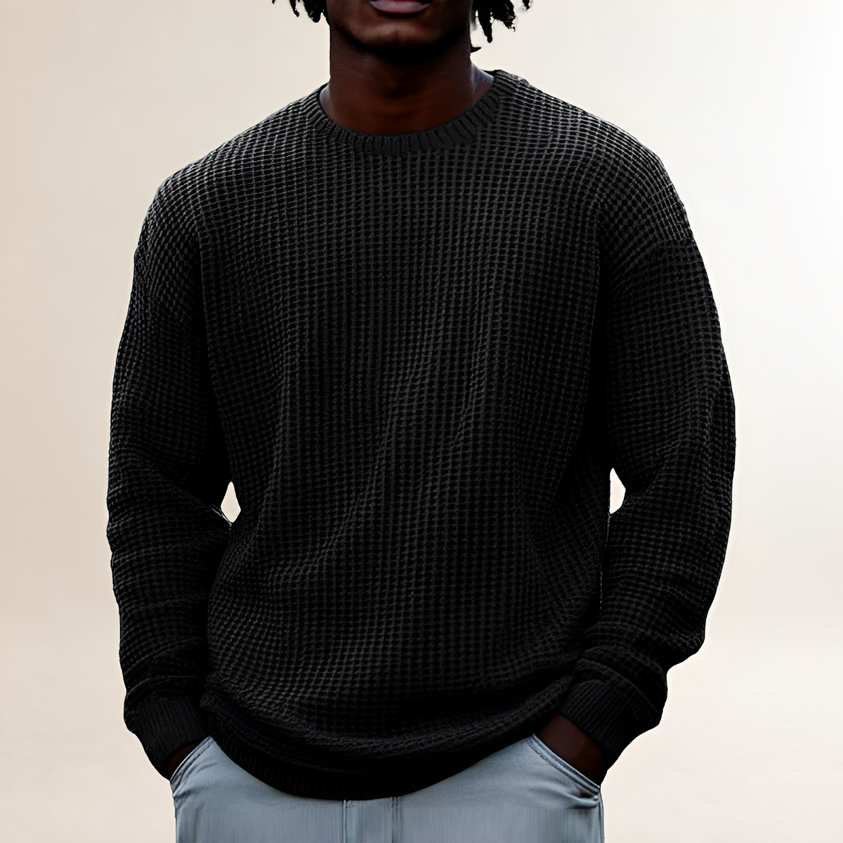 Men's Round Neck Long Sleeve Sweatshirt - Relaxed Fit, Textured Design