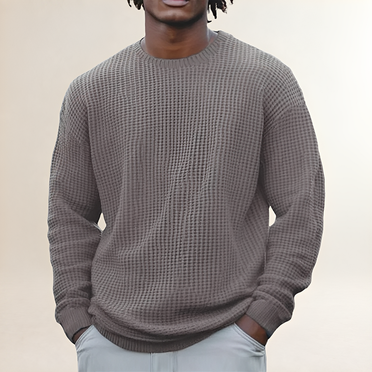 Men's Round Neck Long Sleeve Sweatshirt - Relaxed Fit, Textured Design