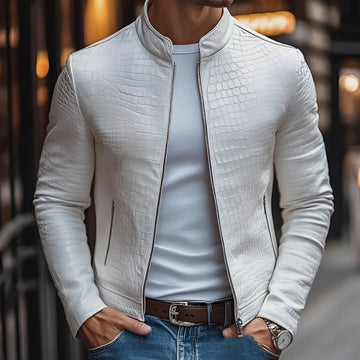 Men's Slim Fit Stand Collar Zipper Jacket - Textured Design