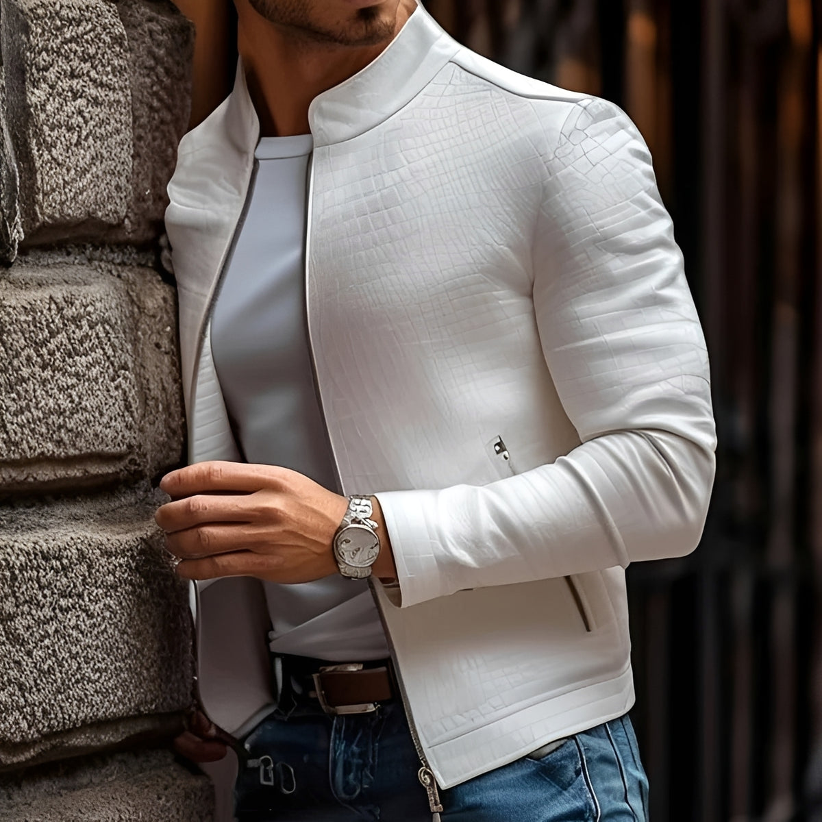 Men's Slim Fit Stand Collar Zipper Jacket - Textured Design