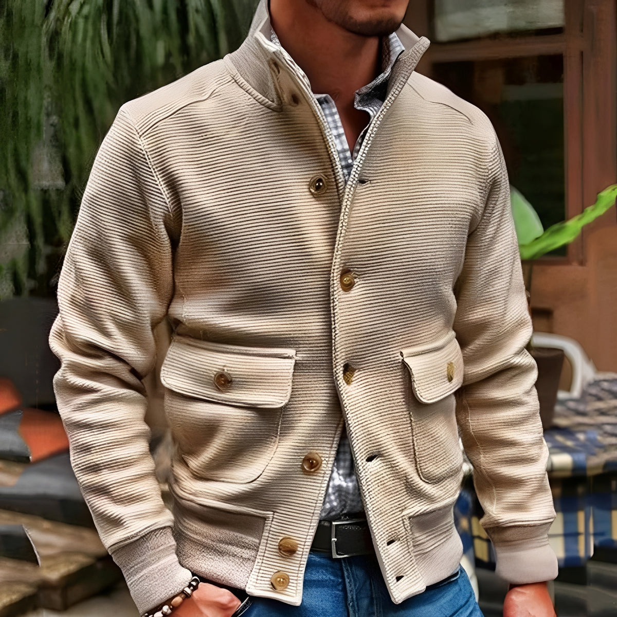 Men's Stand Collar Jacket with Flap Pockets - Casual Outerwear