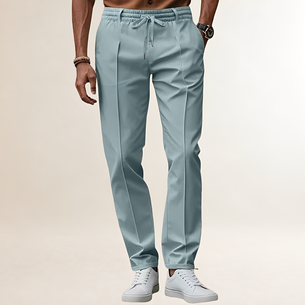 Pants for Men - Elastic Waist with Adjustable Drawstring and Crease Line
