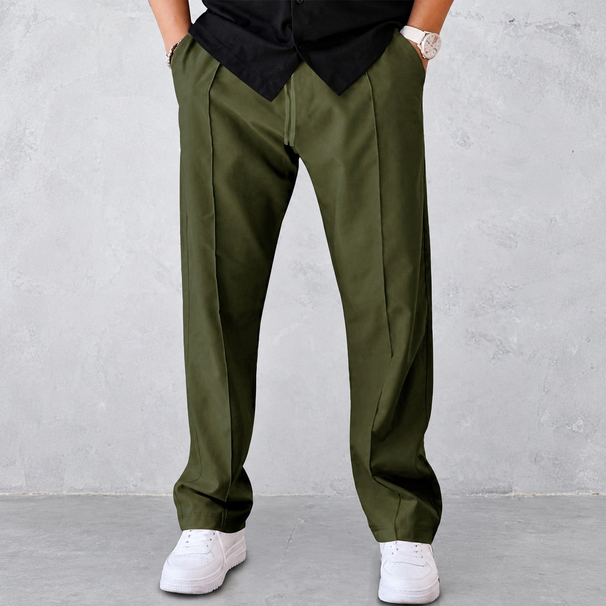 Pants for Men - Pleated Design with Elastic Waist and Side Pockets