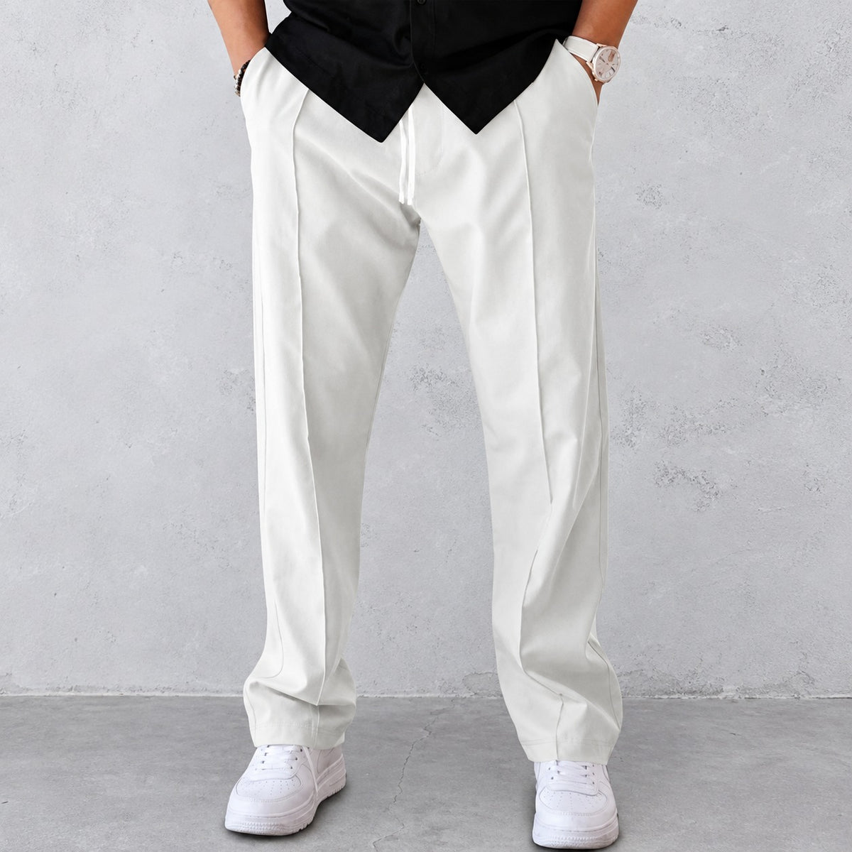 Pants for Men - Pleated Design with Elastic Waist and Side Pockets