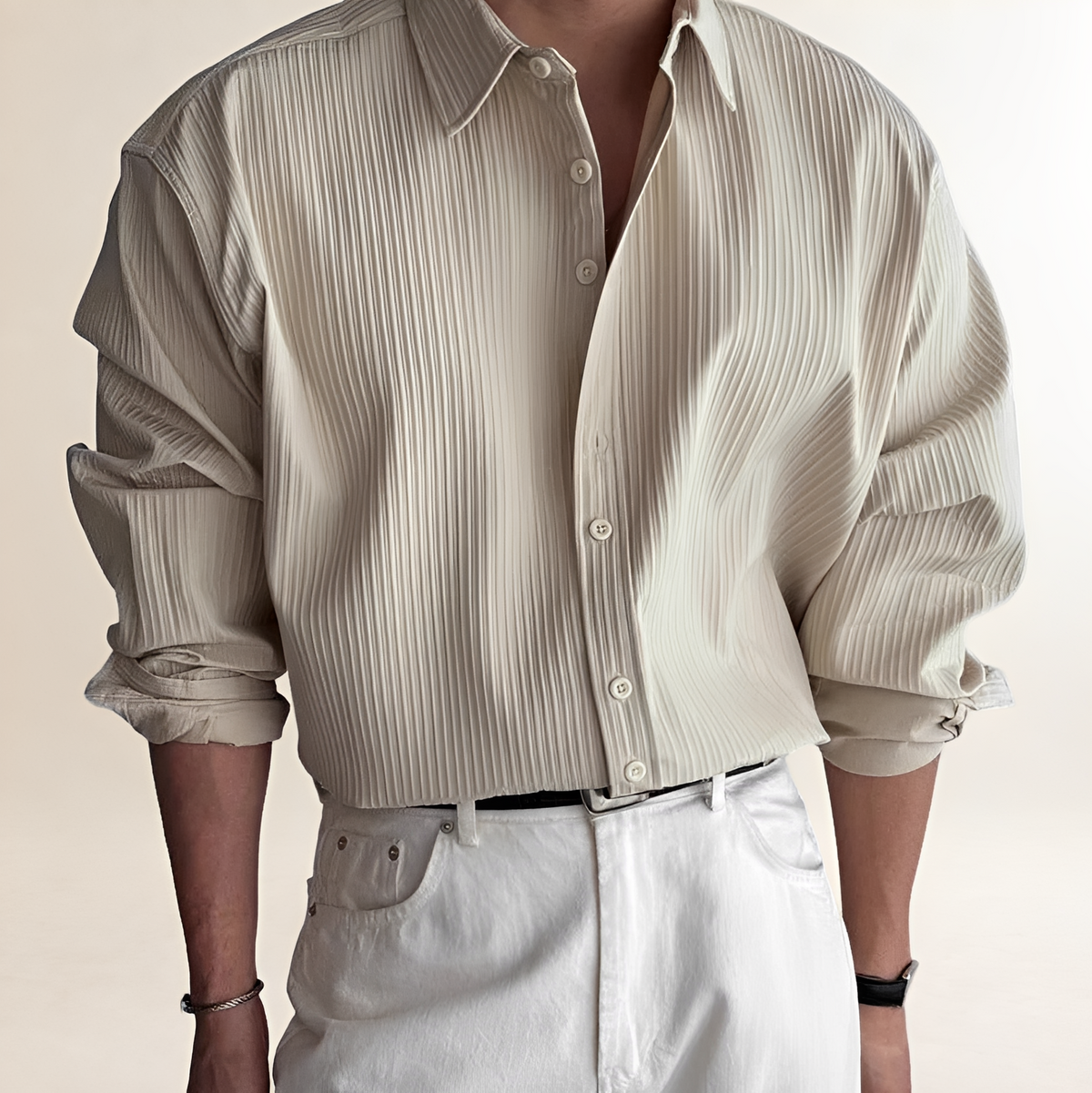 Shirt Men Long Sleeve Pleated Design - Relaxed Fit