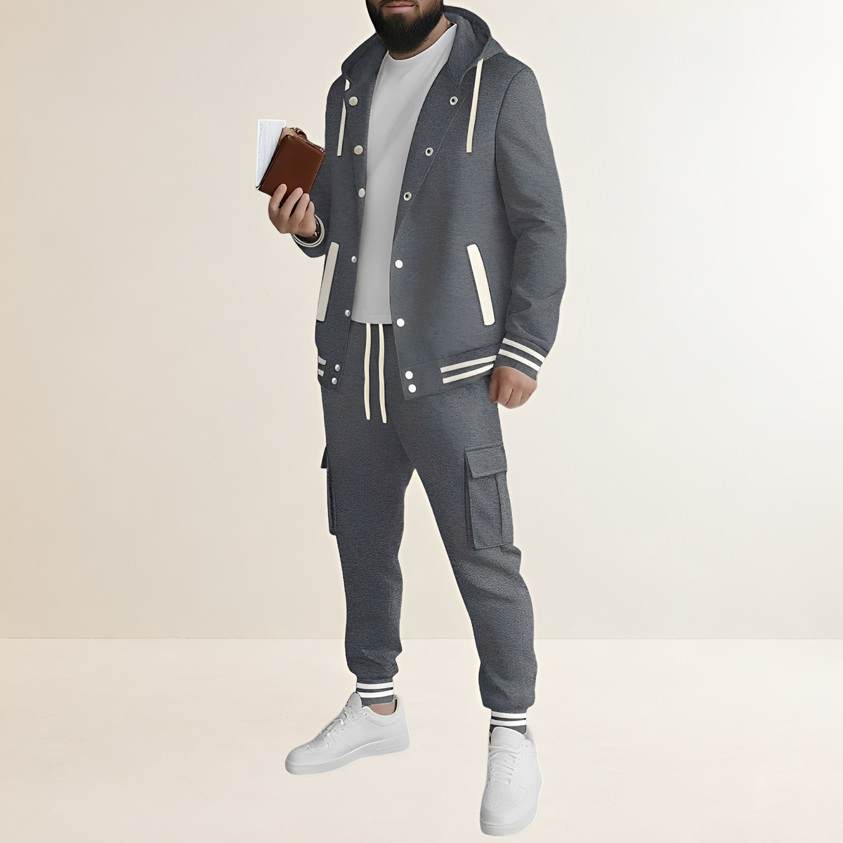 Sports Set for Men - Hooded Jacket with Button Closure and Cargo Pants