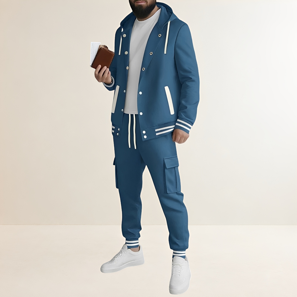 Sports Set for Men - Hooded Jacket with Button Closure and Cargo Pants