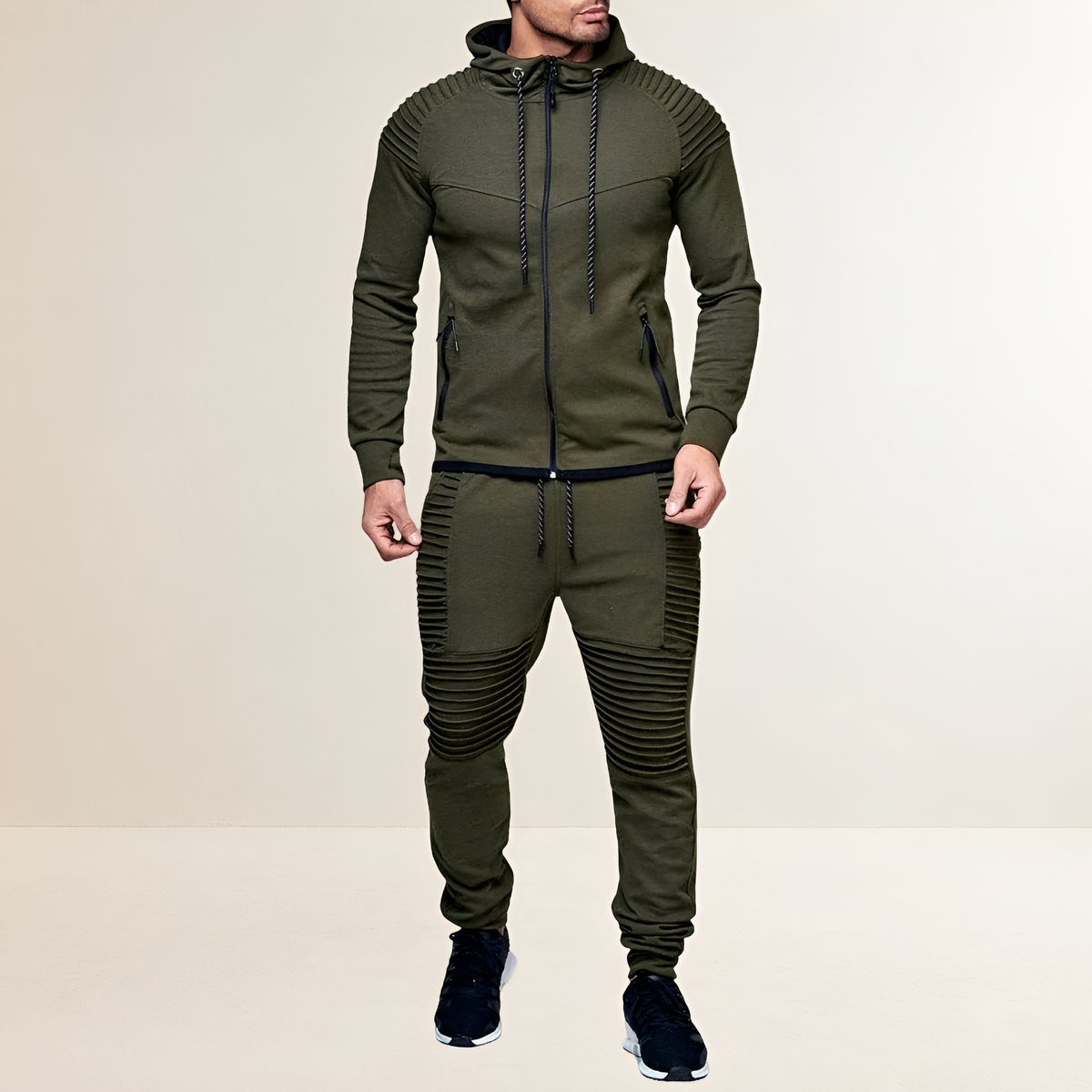 Sports Set for Men with Zip Hoodie and Jogger Pants - Slim Fit, Ribbed Design