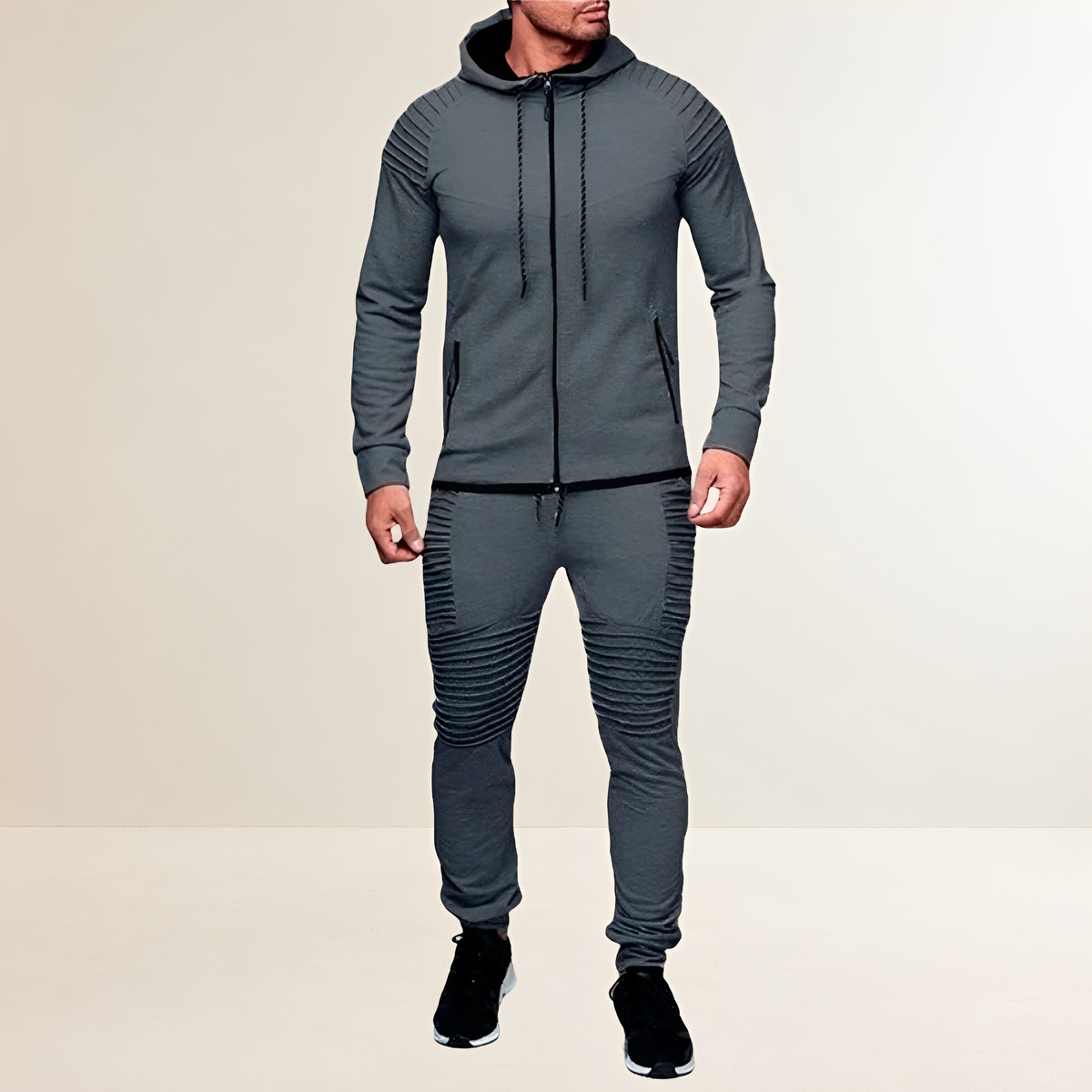 Sports Set for Men with Zip Hoodie and Jogger Pants - Slim Fit, Ribbed Design