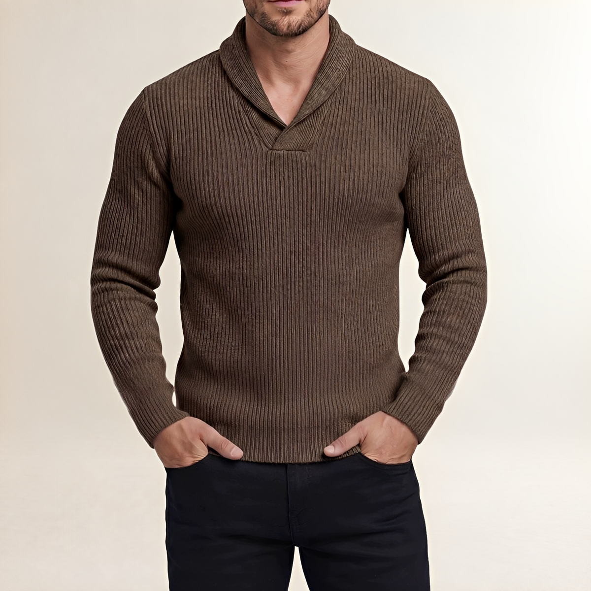 Sweater for Men - Shawl Collar with Ribbed Design and Long Sleeves