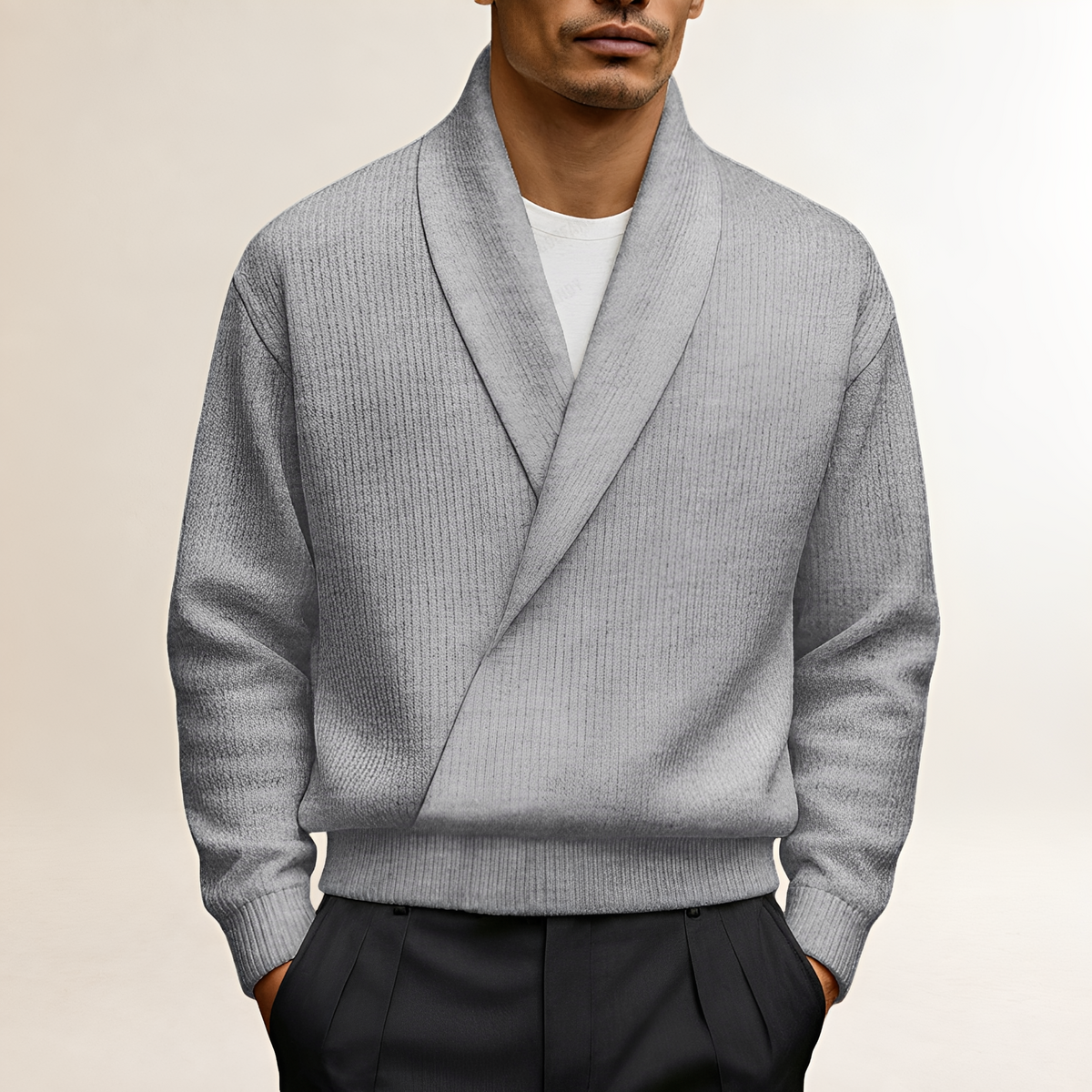 Sweater for Men - Shawl Collar Wrap Design with Long Sleeves