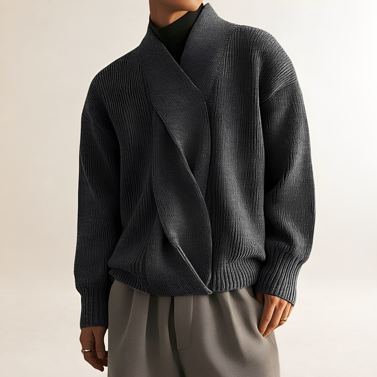 Sweater for Men - Wrap Design with Ribbed Texture and Long Sleeves