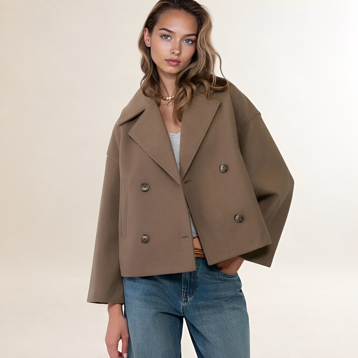 Women's Double-Breasted Jacket - Cropped Design, Notched Collar, Button Closure