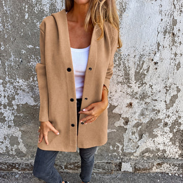 Women’s Long Hooded Jacket - Button Closure, Relaxed Fit, Versatile Design