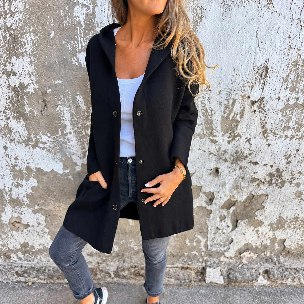 Women’s Long Hooded Jacket - Button Closure, Relaxed Fit, Versatile Design